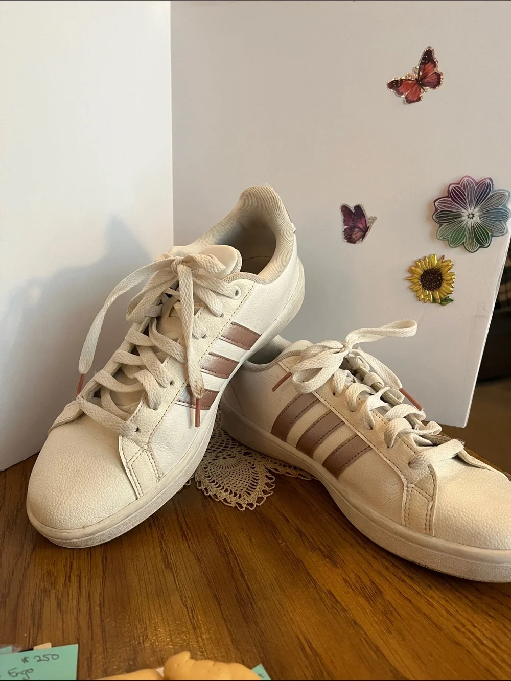 Adidas Cream Sneakers with Pink Stripes